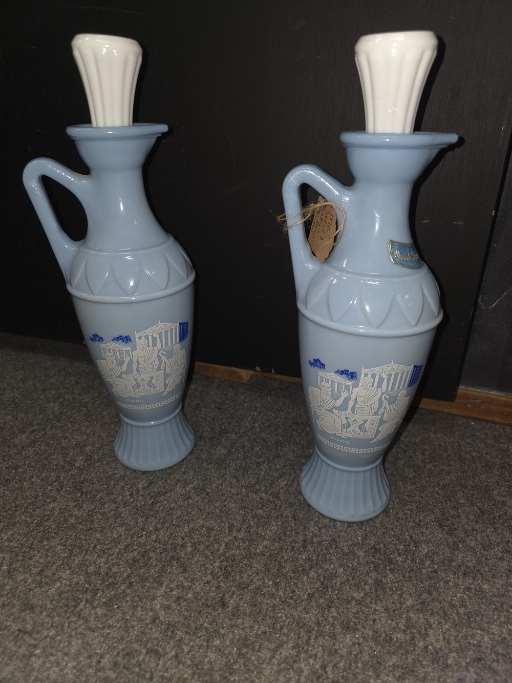 Vintage Jim Beam Greek Blue/White Ceramic Decanter Set (2) w/ Handles & Stoppers